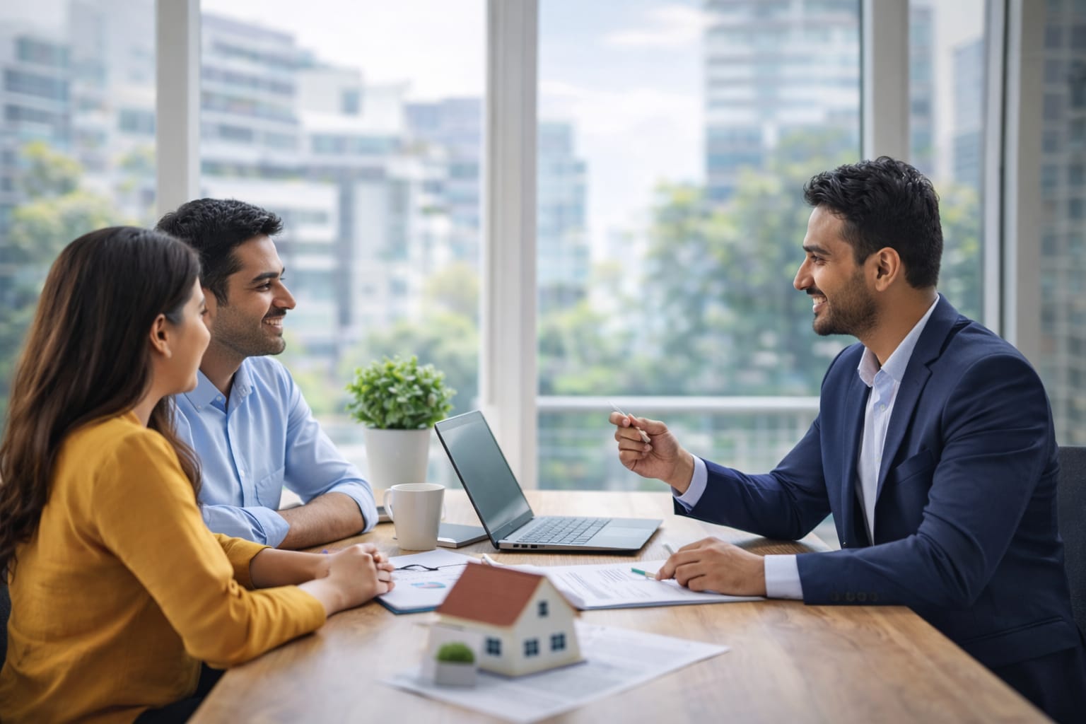 Real estate consultant meeting clients in Pune office for property investment