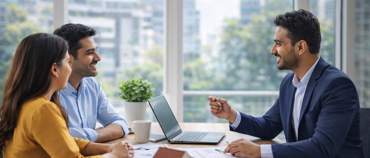 Real estate consultant meeting clients in Pune office for property investment